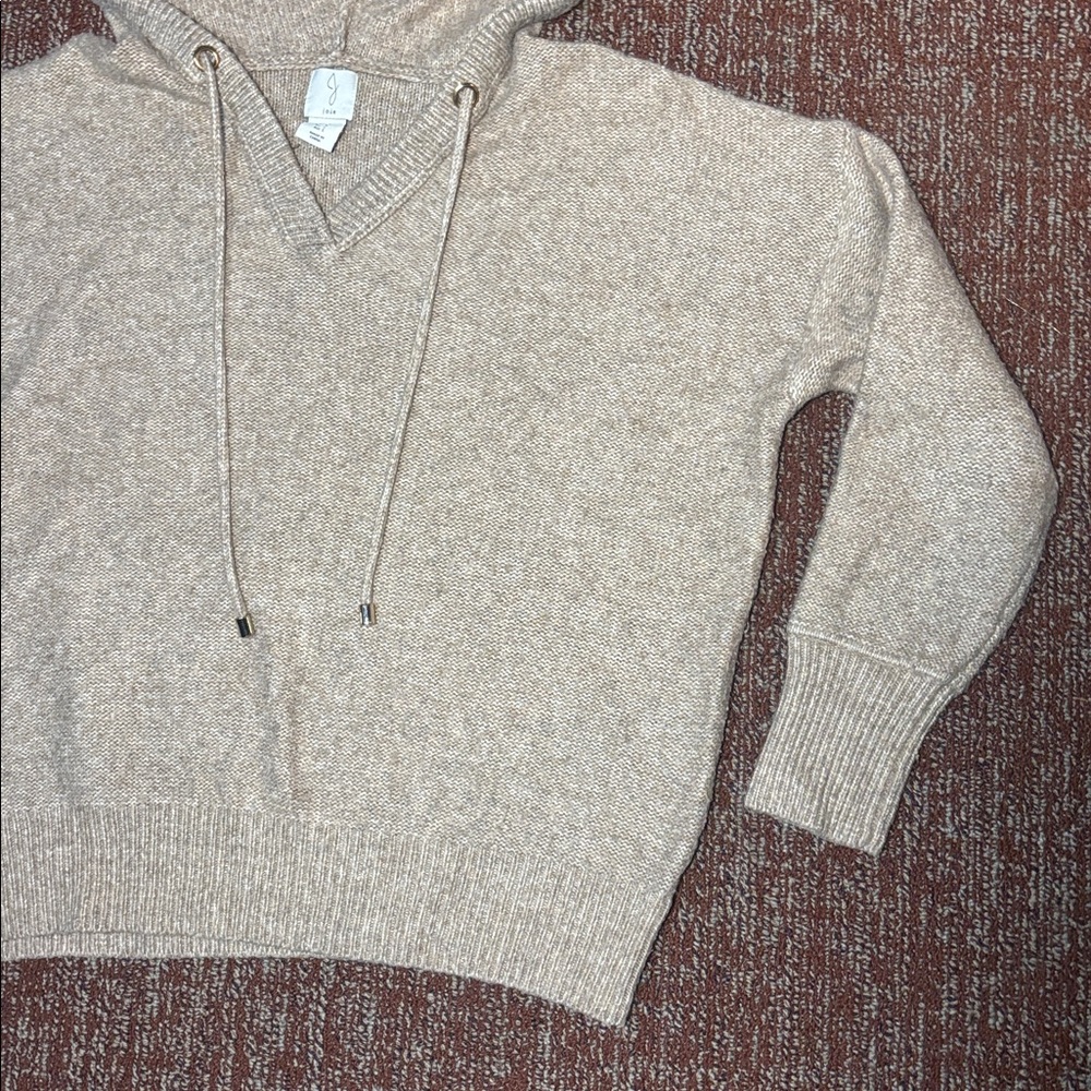 Joie V-Neck Beige cropped hooded knit Sweater oatmeal light brown cozy sweater S - Picture 5 of 12